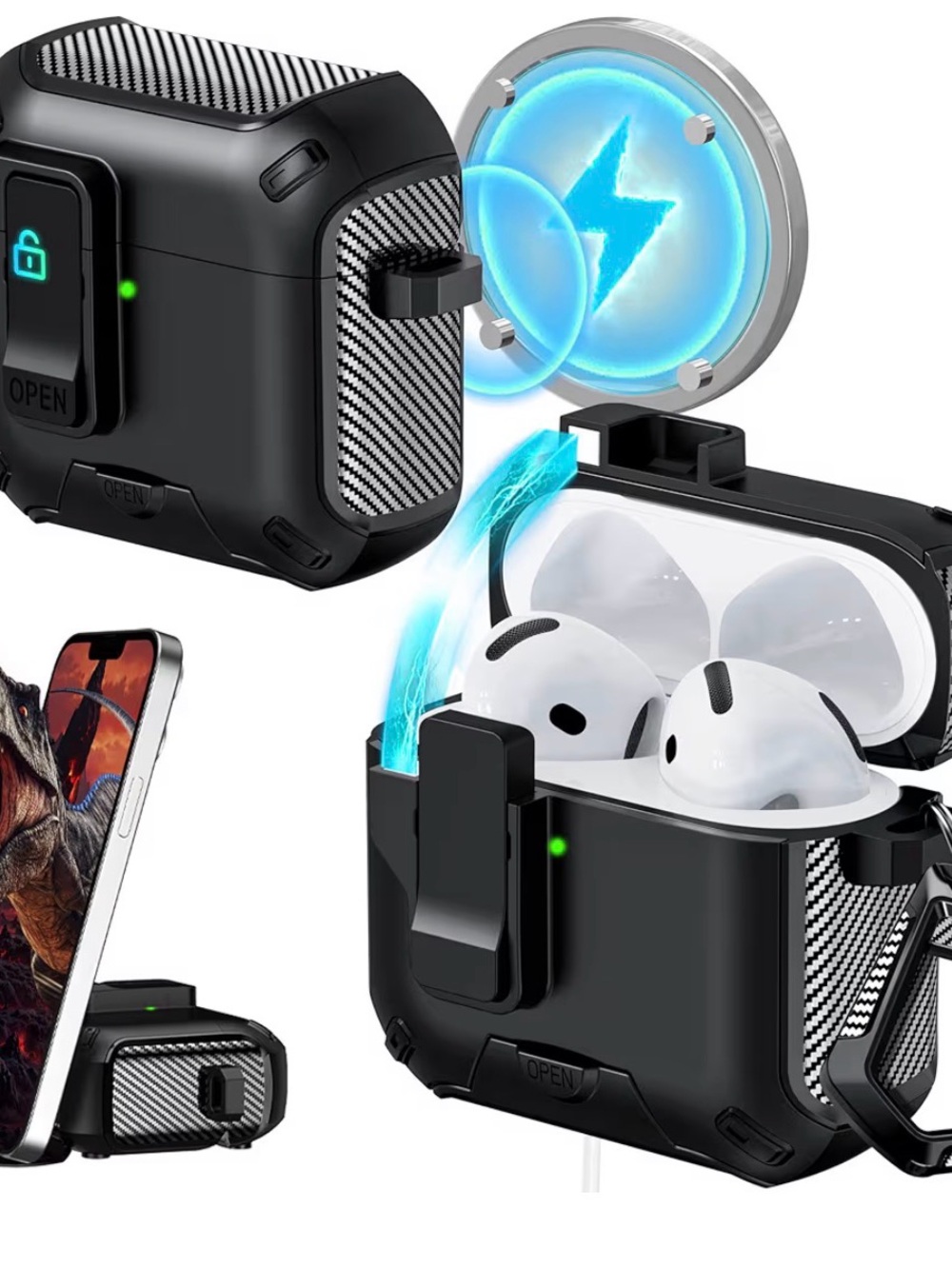Protective Wireless Earbuds Charging Case - Black & Carbon Fiber